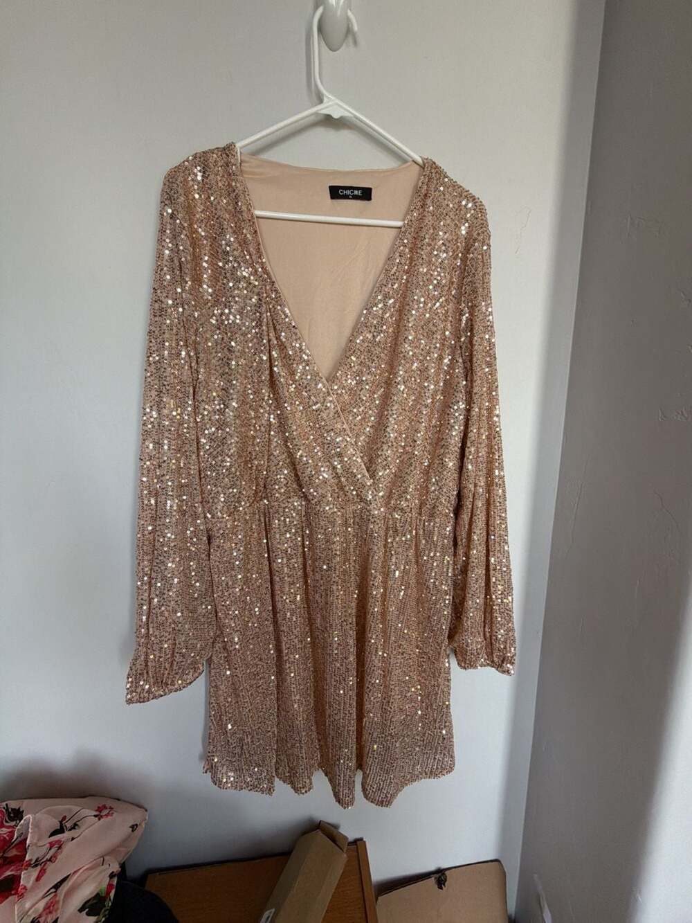 ChicMe V-Neck Long Sleeve Rose Gold Sequin Romper
